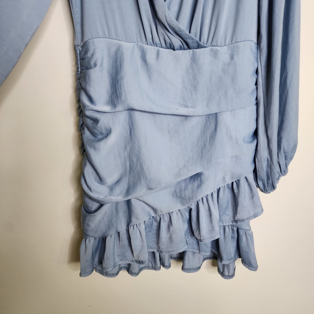 Light Blue V-Neck Ruffle Mini Dress - Picture 9 of 15